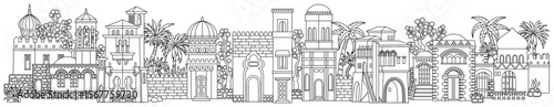 Line art vector illustration of an oriental city with domes, towers, and minarets. Perfect for Arabian, Islamic, and fairytale themed designs