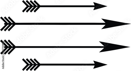 Black silhouette vector arrows pointing right in varying sizes direction forward