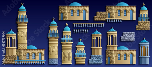 Set of stylized ancient Middle Eastern buildings in paper cut style. Perfect for games, travel guides, architecture projects, or historical infographics. Hand drawn vector illustration