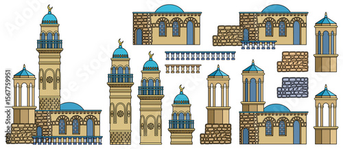 Set of stylized ancient Middle Eastern buildings in paper cut style. Perfect for games, travel guides, architecture projects, or historical infographics. Hand drawn vector illustration