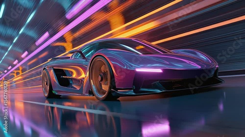 Futuristic neon sports car speeding through glowing tunnel in cyberpunk style, vibrant motion and reflections.