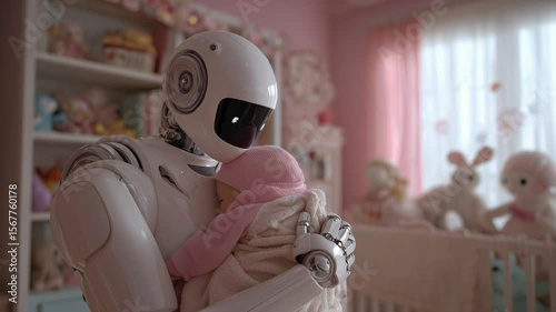 Humanoid robot gently holding baby in pink nursery, heartwarming futuristic caregiving scene.