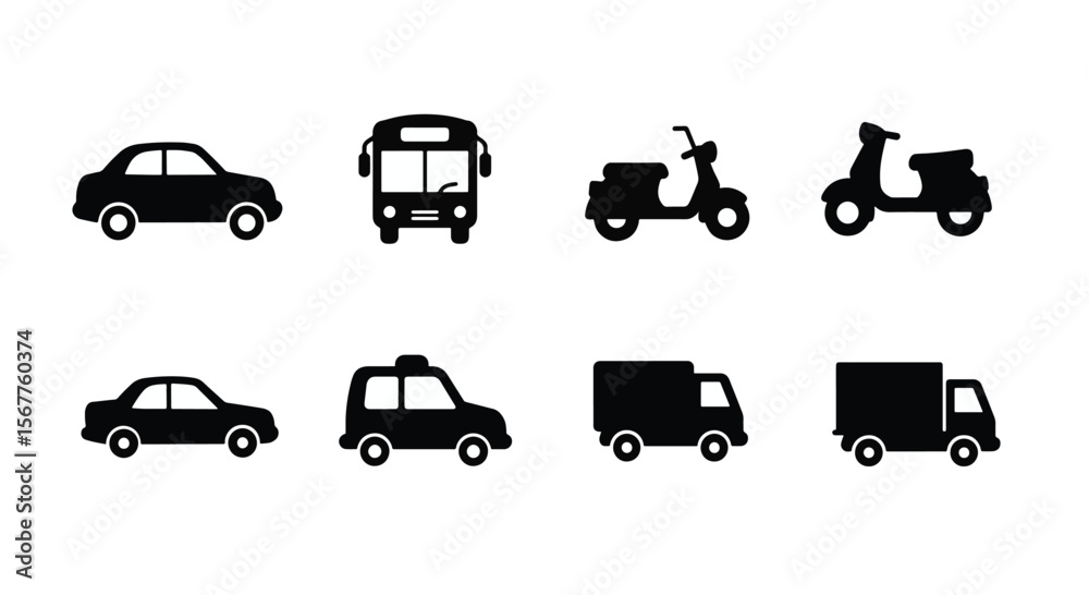 Fototapeta premium Black vehicle icons including cars buses scooters and trucks vector