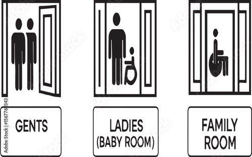 Three restroom signs for gents ladies baby room and family room with wheelchair access in black and white