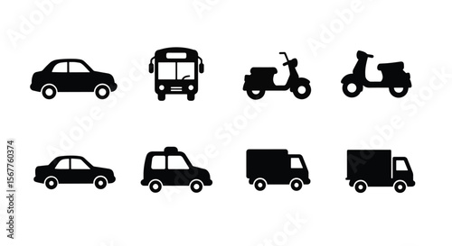 Black vehicle icons including cars buses scooters and trucks vector