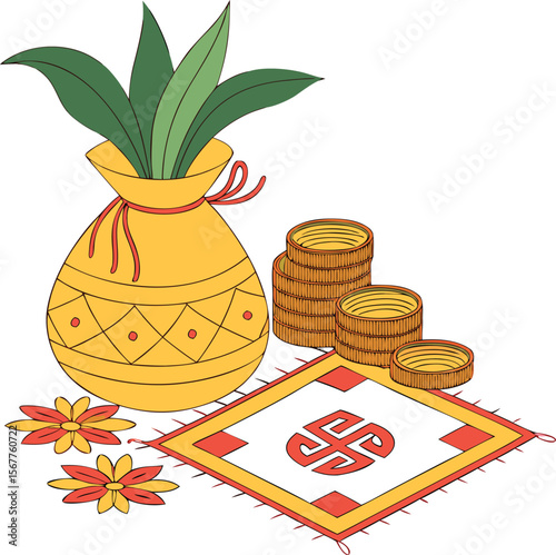Lakshmi Puja Setup With Kalash And Coins