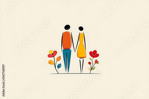 Abstract one-line drawn couple holding hands with flowers