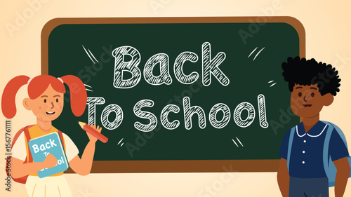 Cartoon students standing near chalkboard with back to school text and classroom background