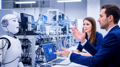 Discussion between a woman and a man with a robot in a tech lab, showcasing AI development and teamwork