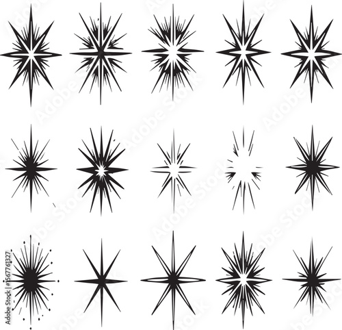 Collection of fifteen starbursts in black and white with varying ray designs on a white background