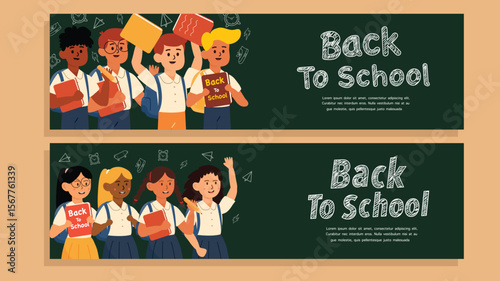 Two stylish chalkboard banners featuring happy students with books and back to school message