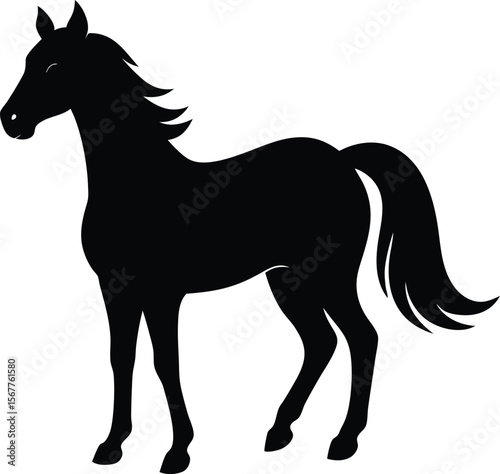 Elegant black horse silhouette facing away with flowing tail