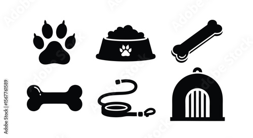 Dog paw print food bowl bone leash and carrier icons dog food bowl dog bone