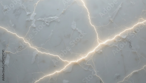 Abstract background of glowing golden lightning strikes across a textured white marble surface with intricate veins