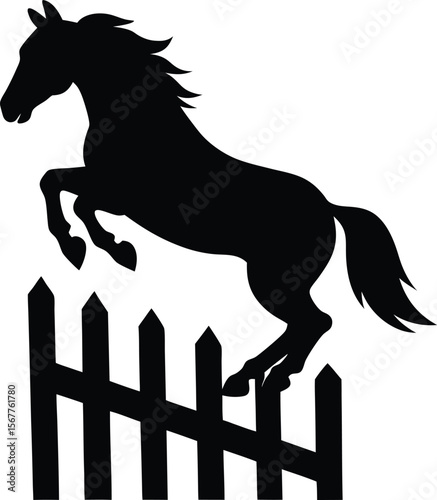 Dynamic black silhouette of a horse leaping gracefully over an obstacle