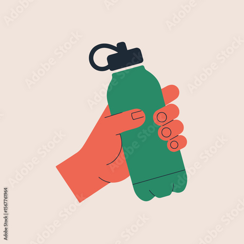 A coral colored hand holding a teal green reusable water bottle with a dark gray lid and a black carrying loop against a beige background simple minimalist graphic illustration