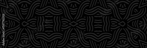 Banner, cover design, wallpaper, fresco. Geometric ethnic art pattern on black background, embossing, 3D. Ornaments, arabesques, mandala, painting of the East, Asia, India, Mexico, Aztec, Peru.