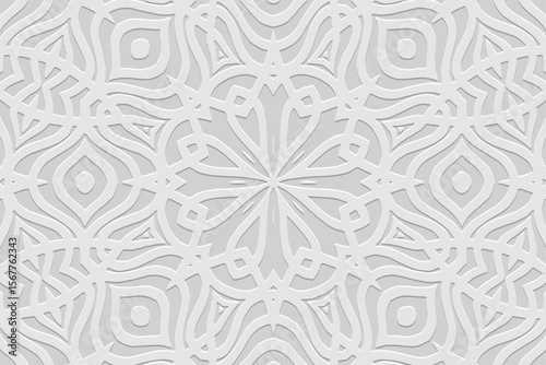 Ethnic white background, tribal design cover, banner, wallpaper. Geometric artistic boho pattern, embossing, 3D. Ornaments, arabesques, mandala, fresco of the East, Asia, India, Mexico, Aztec, Peru.