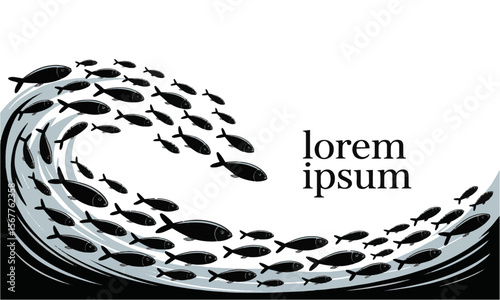 Vector design featuring a school of fish swimming in a flowing wave-like pattern, Silhouette of a large school of fish, jumping school of fish, easily editable and scalable.