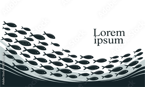 Vector design featuring a school of fish swimming in a flowing wave-like pattern, Silhouette of a large school of fish, jumping school of fish, easily editable and scalable.