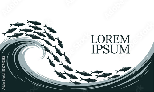 Vector design featuring a school of fish swimming in a flowing wave-like pattern, Silhouette of a large school of fish, jumping school of fish, easily editable and scalable.