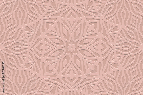 Ethnic pink background, tribal design cover, banner, wallpaper. Geometric elegant boho pattern, embossing, 3D. Ornaments, arabesques, mandala, fresco of the East, Asia, India, Mexico, Aztec, Peru.