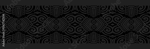 Banner, cover design, wallpaper. Tribal fresco. Geometric ethnic exotic pattern on black background, embossing, 3D. Ornaments, arabesques, mandala, painting of the East, Asia, India, Mexico, Aztecs.