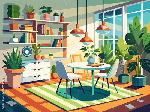 vector of Plants on shelves and carpet in white apartment interior with chairs on dining table...