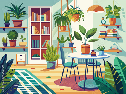 vector of Plants on shelves and carpet in white apartment interior with chairs on dining table...