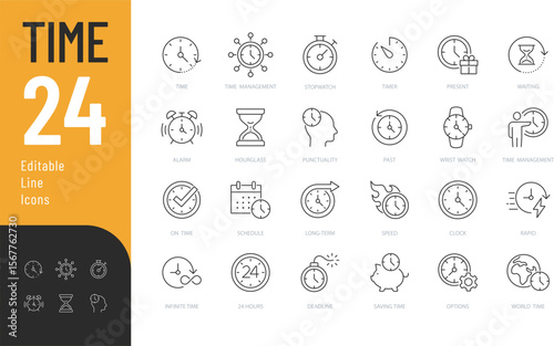 Time Editable Icons set. Vector illustration in modern thin line style of icon pack contain watch, clock, alarm, and more. Isolated on transparent background.

