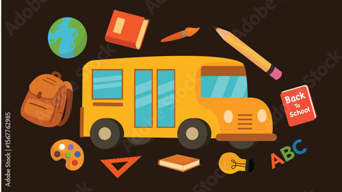 Yellow bus with backpack books globe and pencil on dark layout for educational purpose