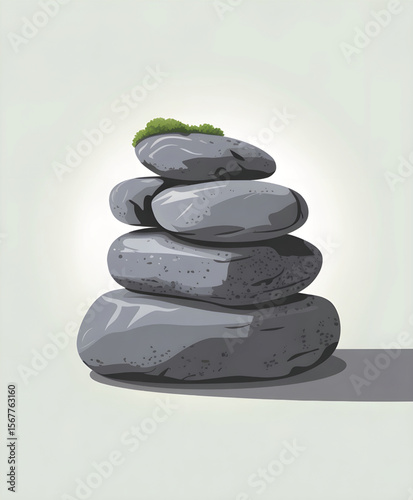 Stacked Stones with Green Moss - Zen and Tranquility Concept