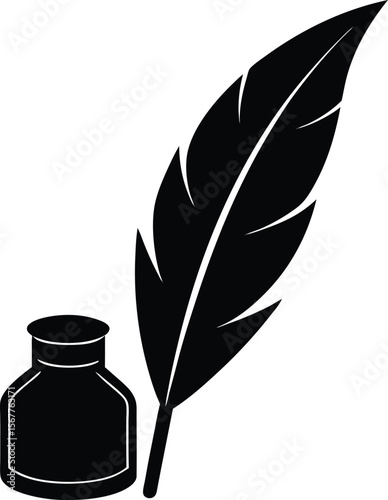 feather quill and ink bottle icon silhouette on wh.eps