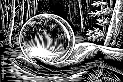 hand gently holding a crystal orb, perfect for mystic branding, tarot illustrations, or fantasy editorial layouts a black and white line art illustration