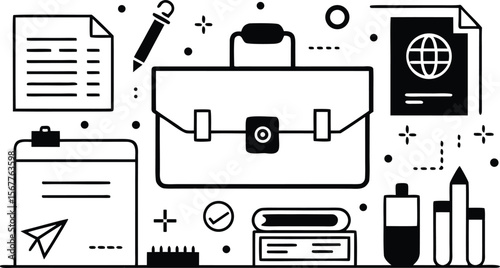 Office supplies and documents with global icon briefcase
