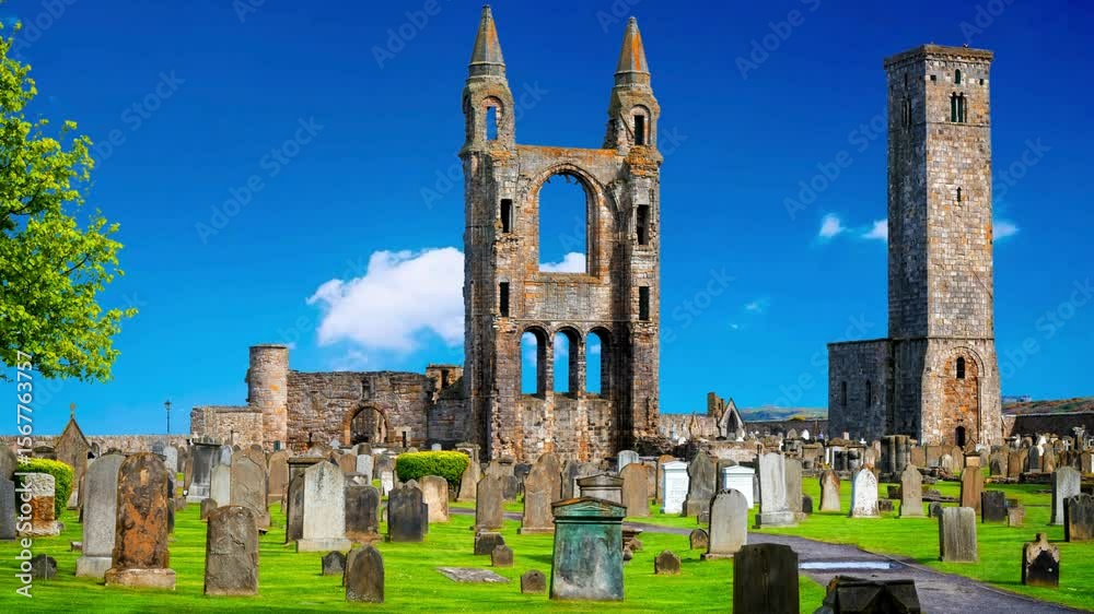St Andrew's priory ruins as the sun is ready to set.A view of the old Abbey at St Andrews in ScotlandGlasgow, UK - December 6, 2023: Old graves at Glasgow Necropolis
