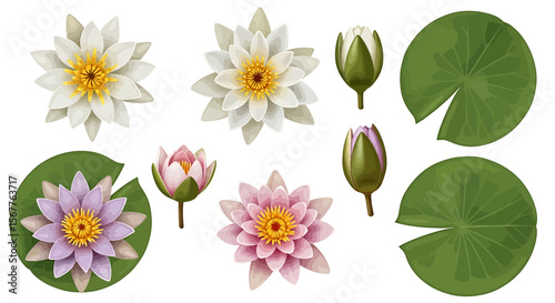 Lotus flower and leaves illustrations set
