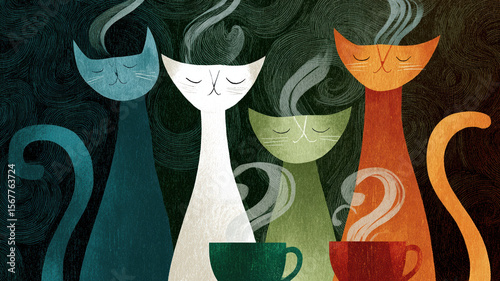 Four stylized cats with long necks and closed eyes — blue, white, and orange — near a steaming green cup on a red saucer, spiral steam, dark green-black background.