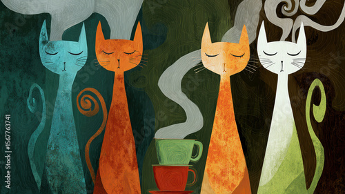Four stylized cats with long necks and closed eyes — blue, white, and orange — near a steaming green cup on a red saucer, spiral steam, dark green-black background.