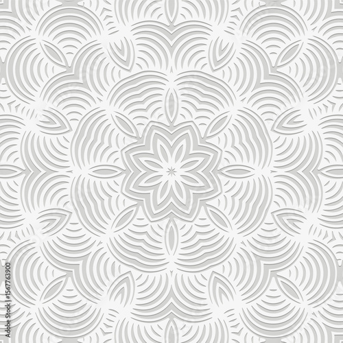 Ethnic white background, tribal design cover, banner, wallpaper. Geometric elegant old boho pattern, embossing, 3D. Ornaments, arabesques, mandala, fresco of the East, Asia, India, Mexico, Aztec, Peru