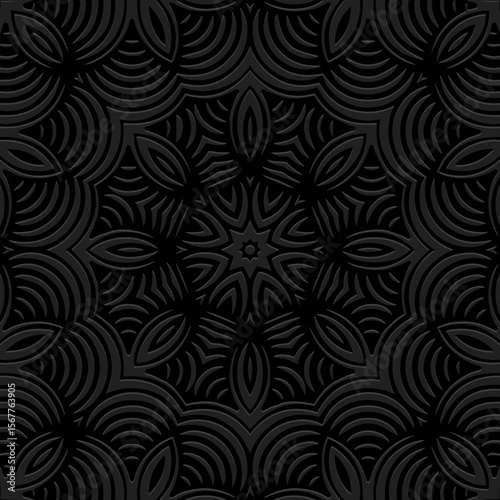 Ethnic black background, tribal design cover, banner, wallpaper. Geometric artistic old boho pattern, embossing, 3D. Ornaments, arabesques, mandala, fresco of the East, Asia, India, Mexico, Aztec.