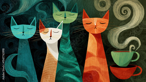 Four stylized cats with long necks and closed eyes — blue, white, and orange — near a steaming green cup on a red saucer, spiral steam, dark green-black background.