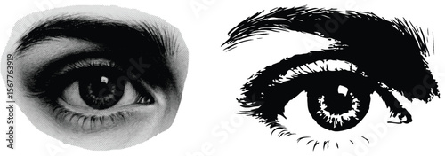 Artistic eye illustrations in black and white depicting detailed portraitures and styles