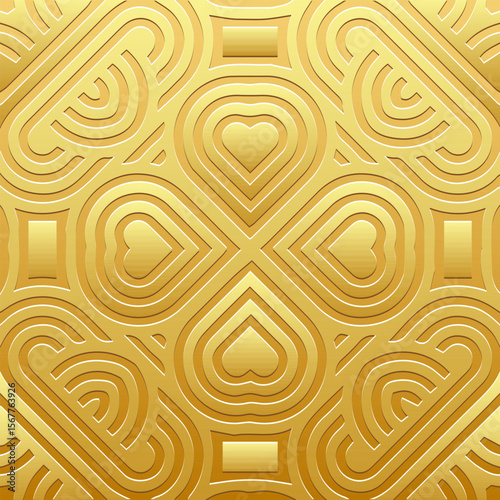 Ethnic gold background, tribal design cover, banner, wallpaper. Geometric gold old boho pattern, embossing, 3D. Ornaments, arabesques, mandala, fresco of the East, Asia, India, Mexico, Aztec, Peru.