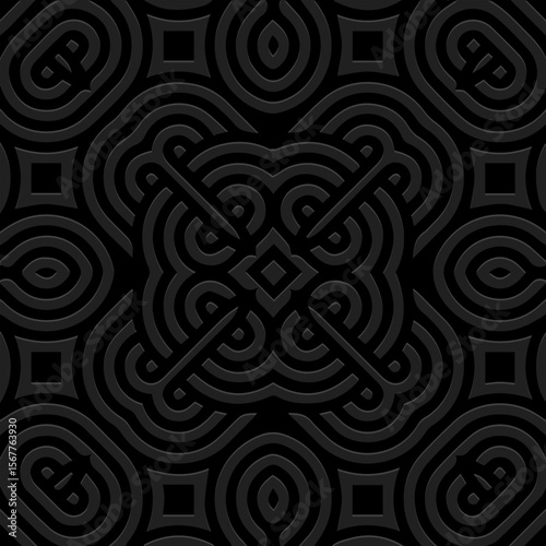Ethnic black background, tribal design cover, banner, wallpaper. Geometric exotic old boho pattern, embossing, 3D. Ornaments, arabesques, mandala, fresco of the East, Asia, India, Mexico, Aztec, Peru.