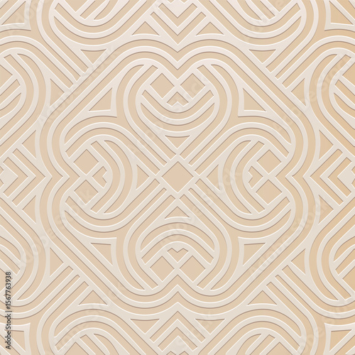 Ethnic beige background, tribal design cover, banner, wallpaper. Geometric abstract old boho pattern, embossing, 3D. Ornaments, arabesques, mandala, fresco of the East, Asia, India, Mexico, Aztec.