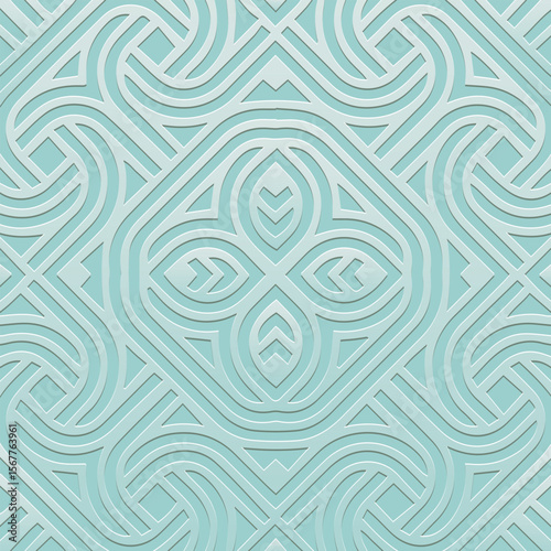 Ethnic turquoise background, tribal design cover, banner, wallpaper. Geometric stylish old boho pattern, embossing, 3D. Ornaments, arabesques, mandala, fresco of the East, Asia, India, Mexico, Aztec.