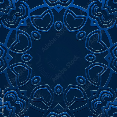 Ethnic blue lorem background, tribal design cover, banner, wallpaper. Geometric old boho pattern, embossing, 3D. Ornaments, arabesques, mandala, fresco of the East, Asia, India, Mexico, Aztec, Peru.