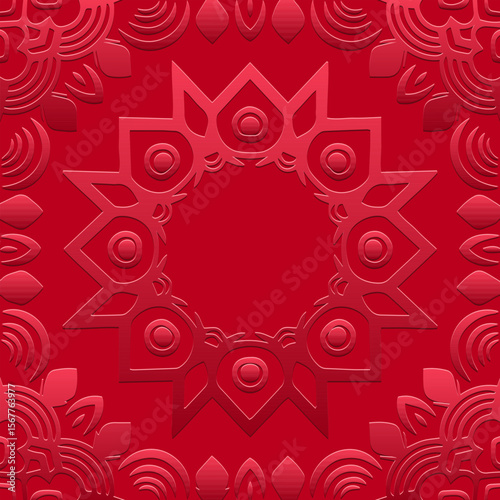 Ethnic red lorem background, tribal design cover, banner, wallpaper. Geometric original old boho pattern, embossing, 3D. Ornaments, arabesques, mandala, fresco of the East, Asia, India, Mexico, Aztec.