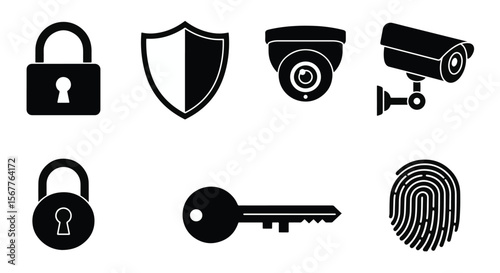 Security icons padlock shield surveillance camera key fingerprint security camera